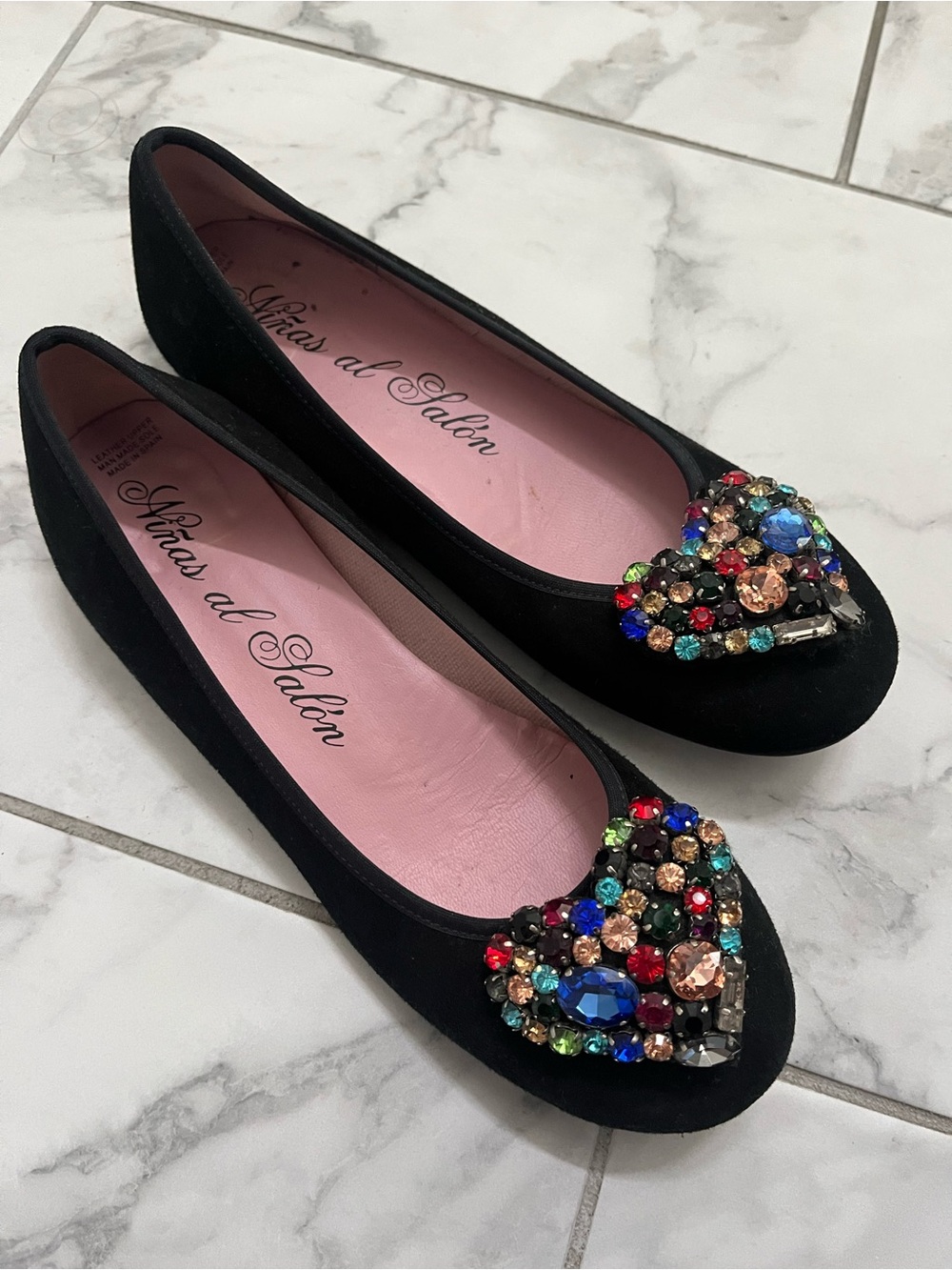 Nina’s al Salon Black Suede Ballet Flats Shoes w Rhinestone Jewels Spain 38 39